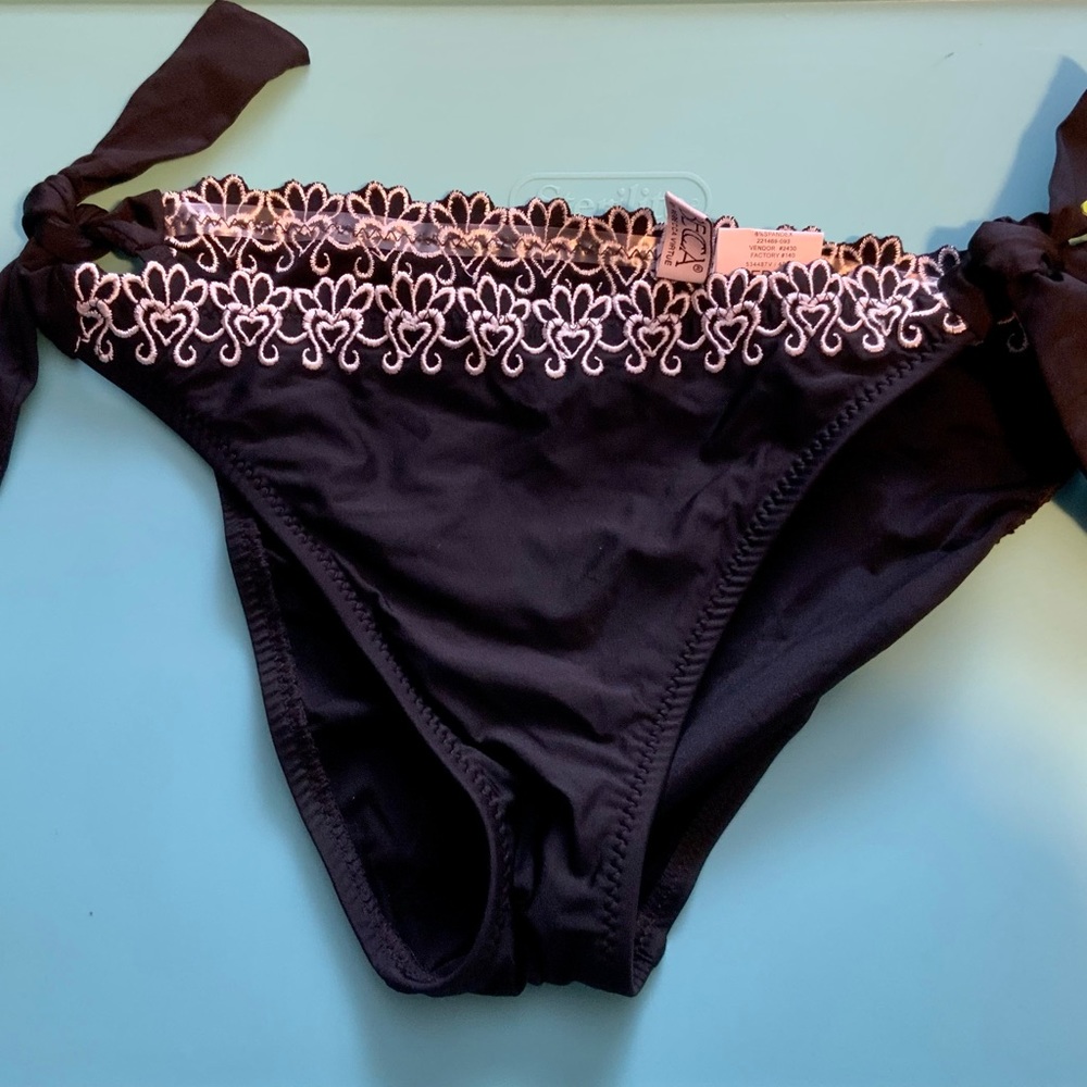 Becca women’s swimsuit bikini tie side hipster cheeky black white appliqué
